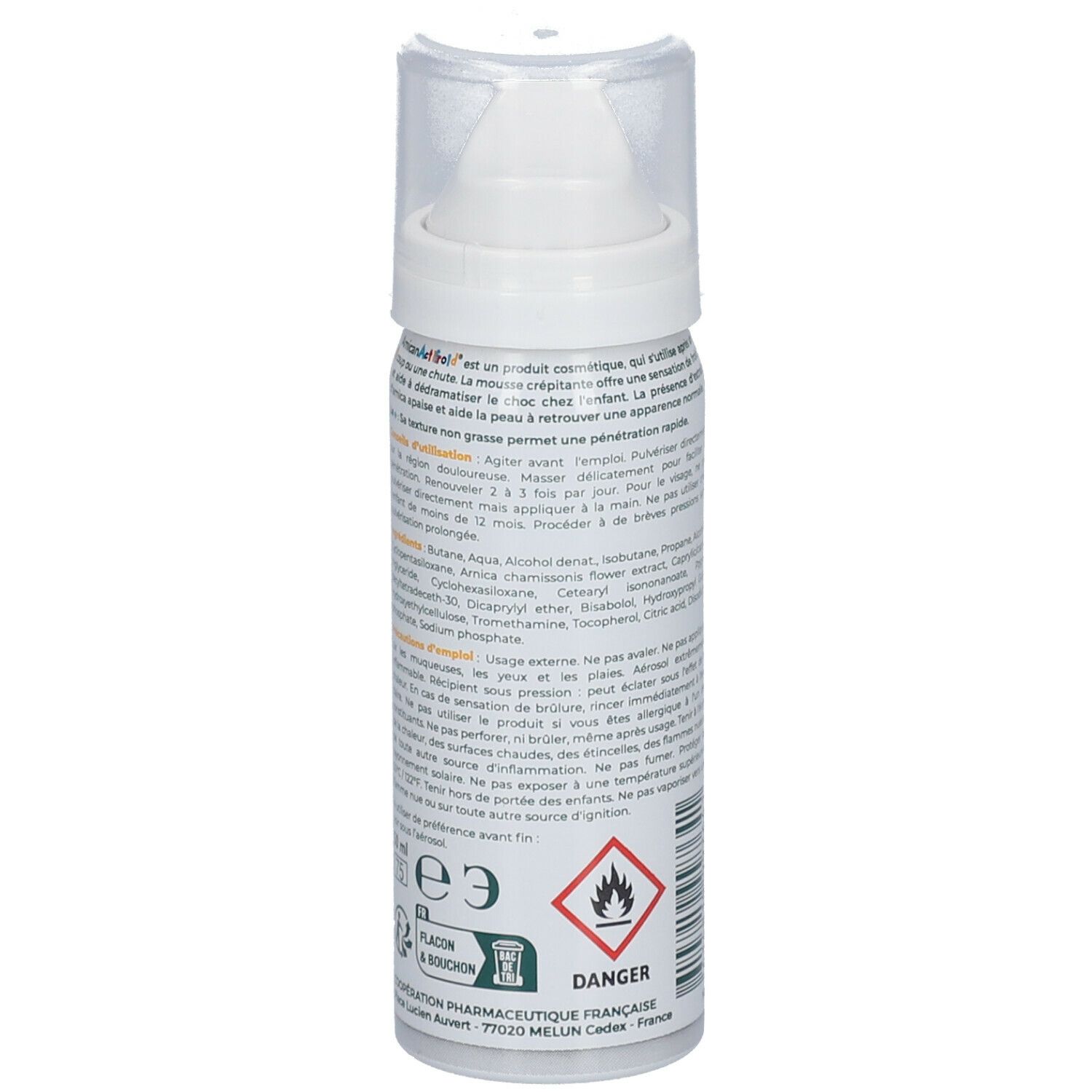 Witte sprayfles. Tekst op de achterkant. Gevaarsymbool. Fabrikantinformatie. Ingrediënten.
