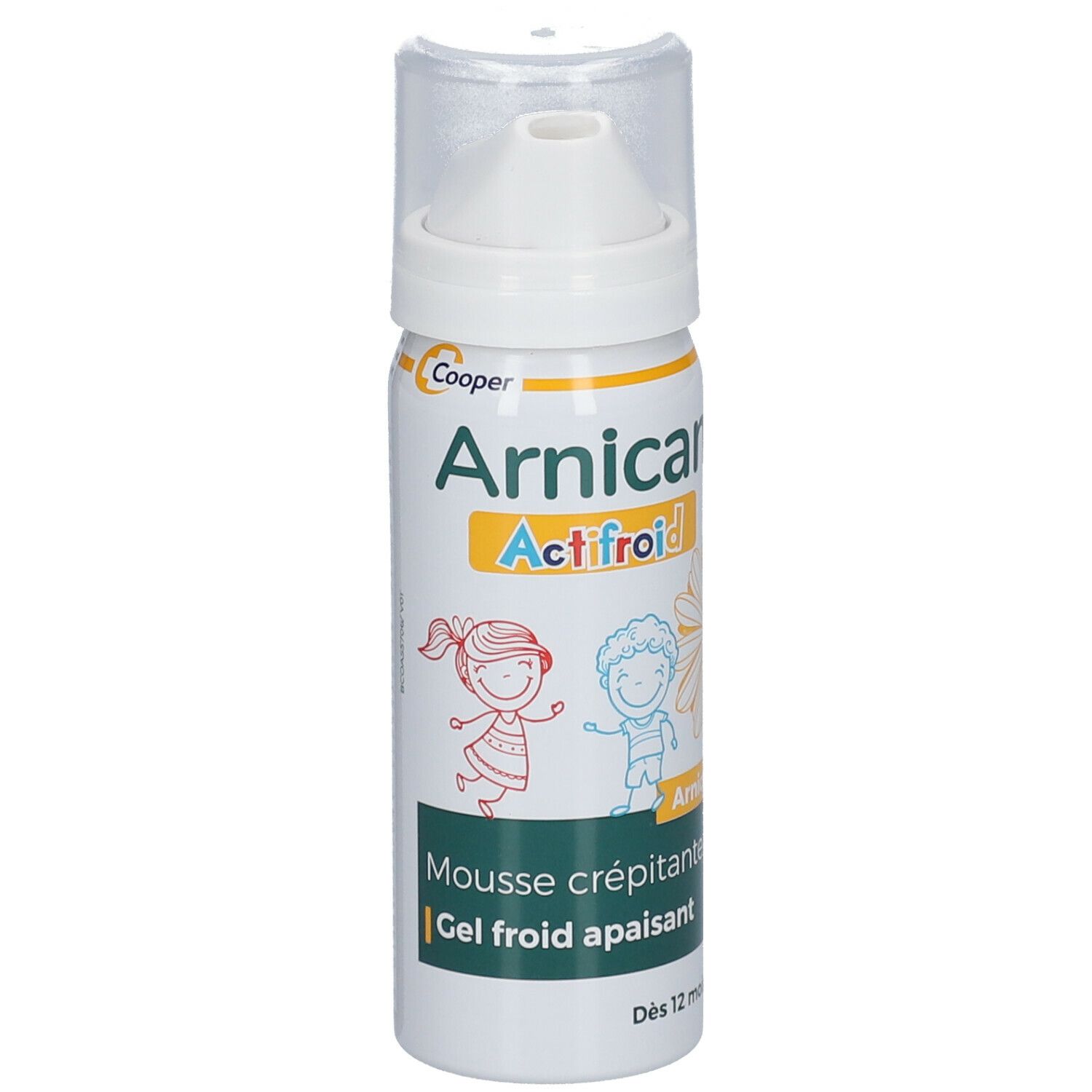 Witte sprayfles. Opschrift: Arnican Actifroid. Illustraties van kinderen. Gel froid apaisant. Vanaf 12 maanden.