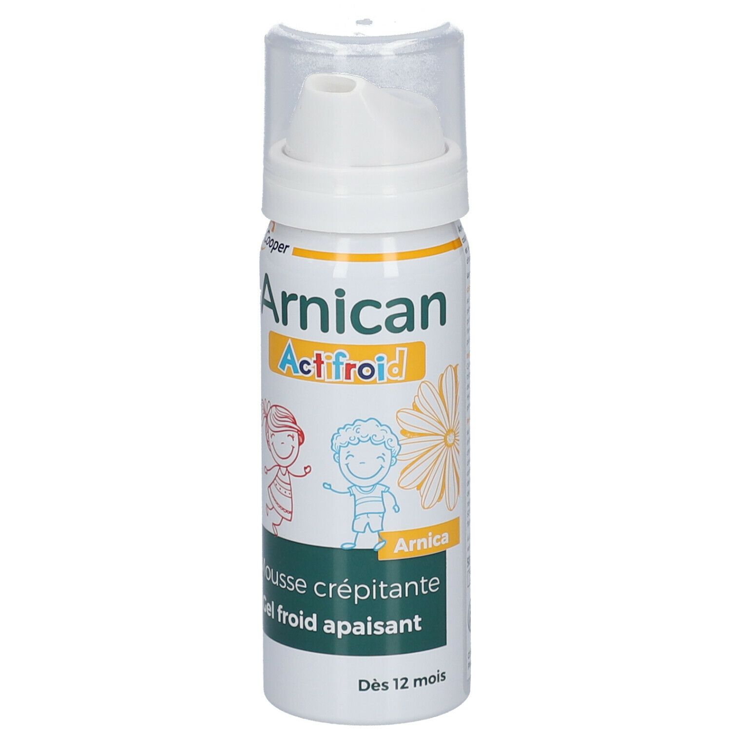 Witte sprayfles. Opschrift: Arnican Actifroid. Illustratie van een bloem. Gel froid apaisant. Vanaf 12 maanden.