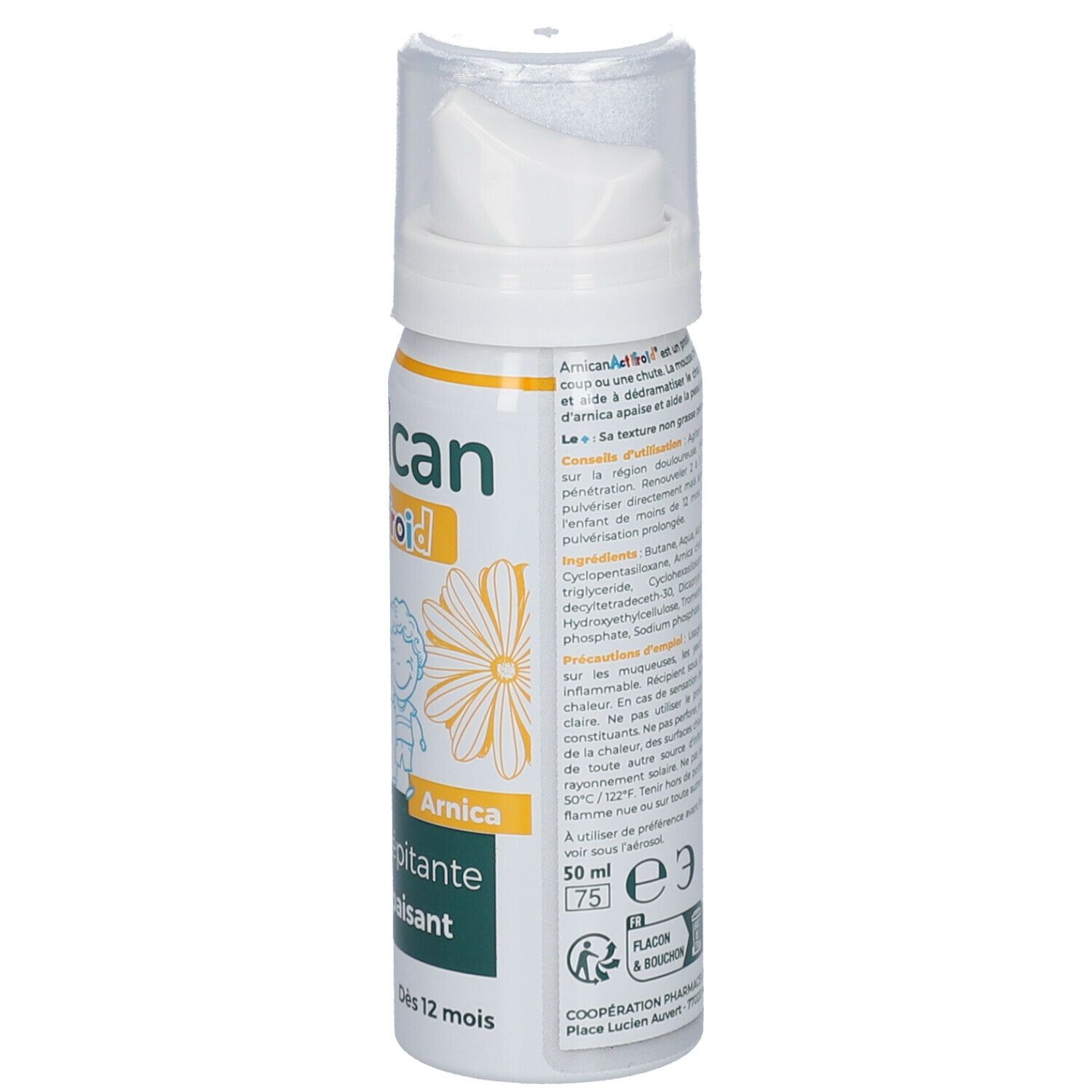 Witte sprayfles. Opschrift: Arnican Actifroid. Illustratie van een bloem. Tekst en ingrediënten. 50 ml.
