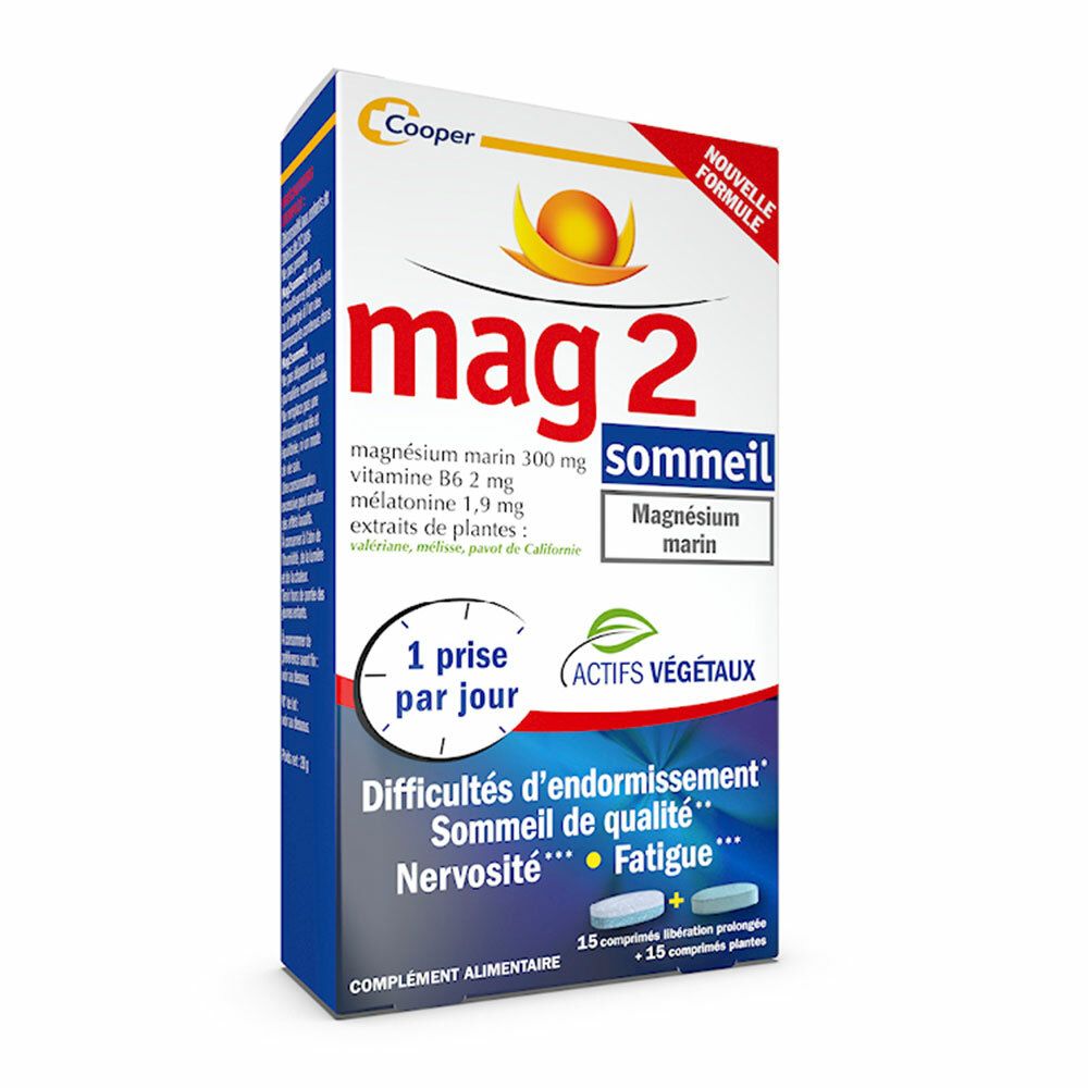 MAG 2 Sommeil à base de magnésium marin 300mg, mélatonine 1,9mg et extraits de plantes - complément 