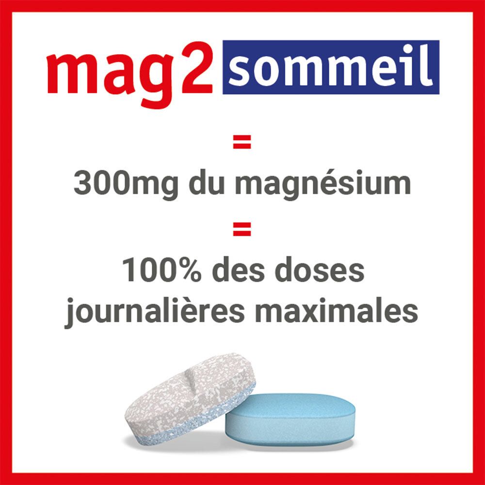 Deux comprimés, un bleu, un blanc. Texte : 300mg de magnésium, 100% des doses journalières maximales.