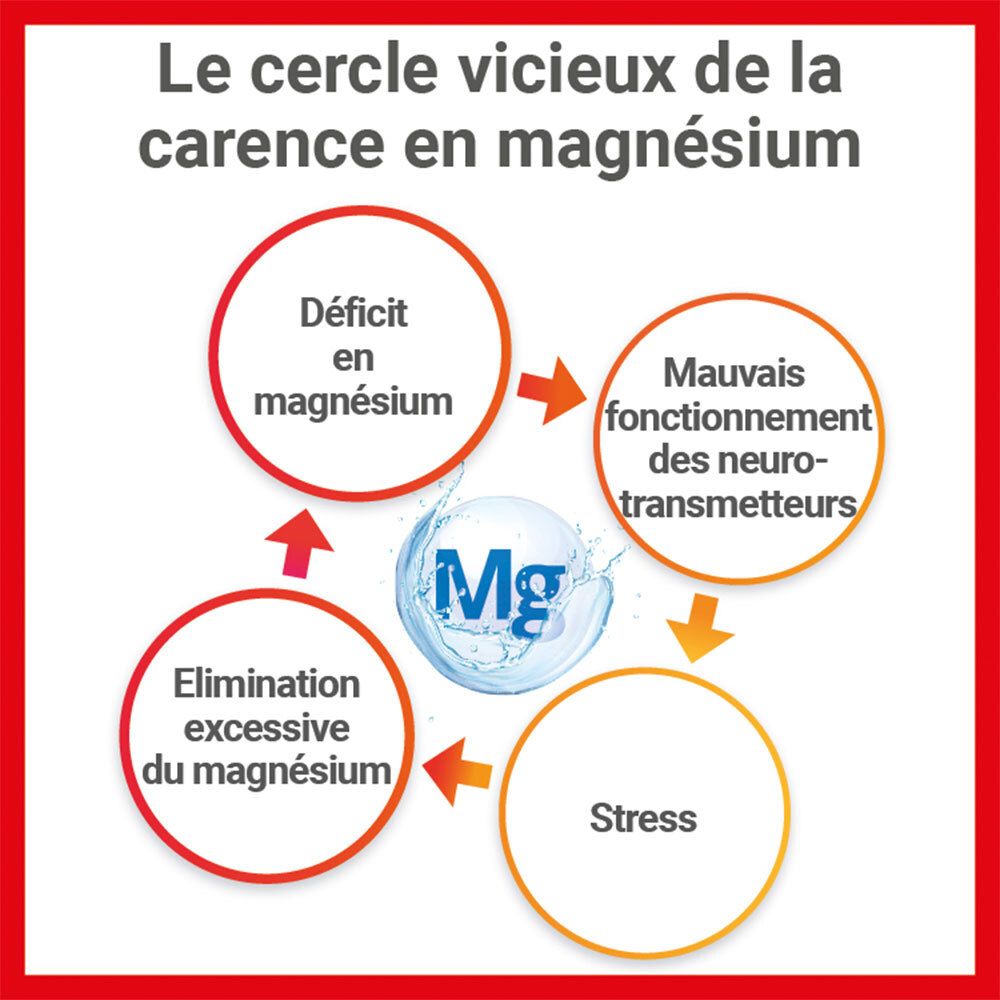 Cercle vicieux de la carence en magnésium. Déficit, mauvaise fonction neurotransmetteurs, stress, élimination excessive.