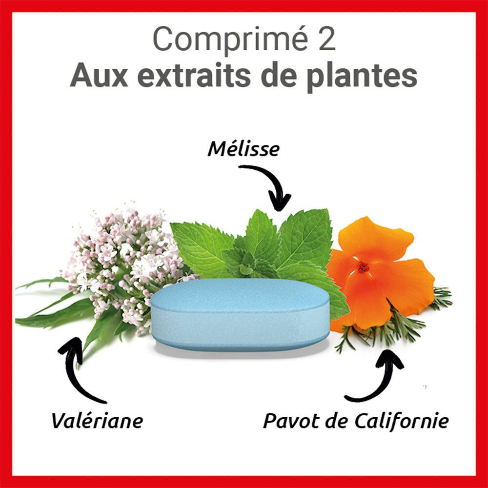 Comprimé bleu avec extraits de plantes. Valériane, mélisse, pavot de Californie.