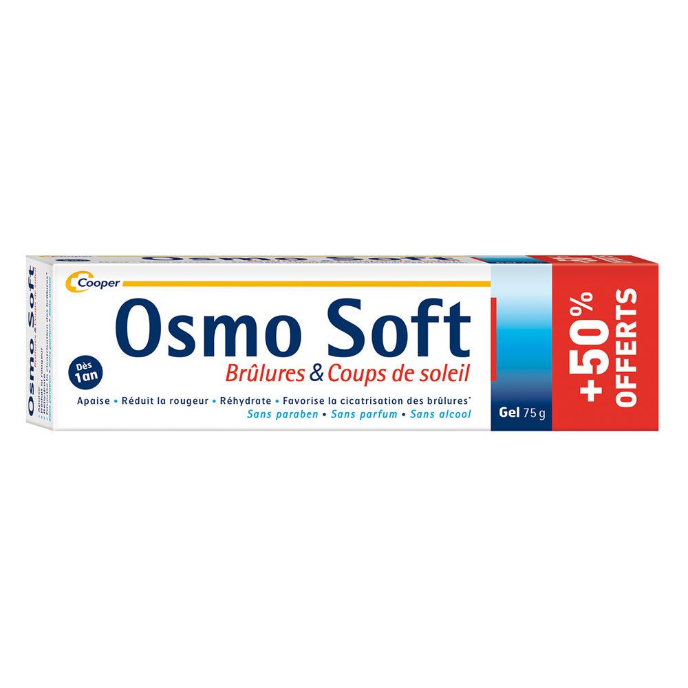 Osmo Soft Gel-Tube. Beschriftung: Brûlures & Coups de soleil. Mit +50% Angebot. Gel 75g.