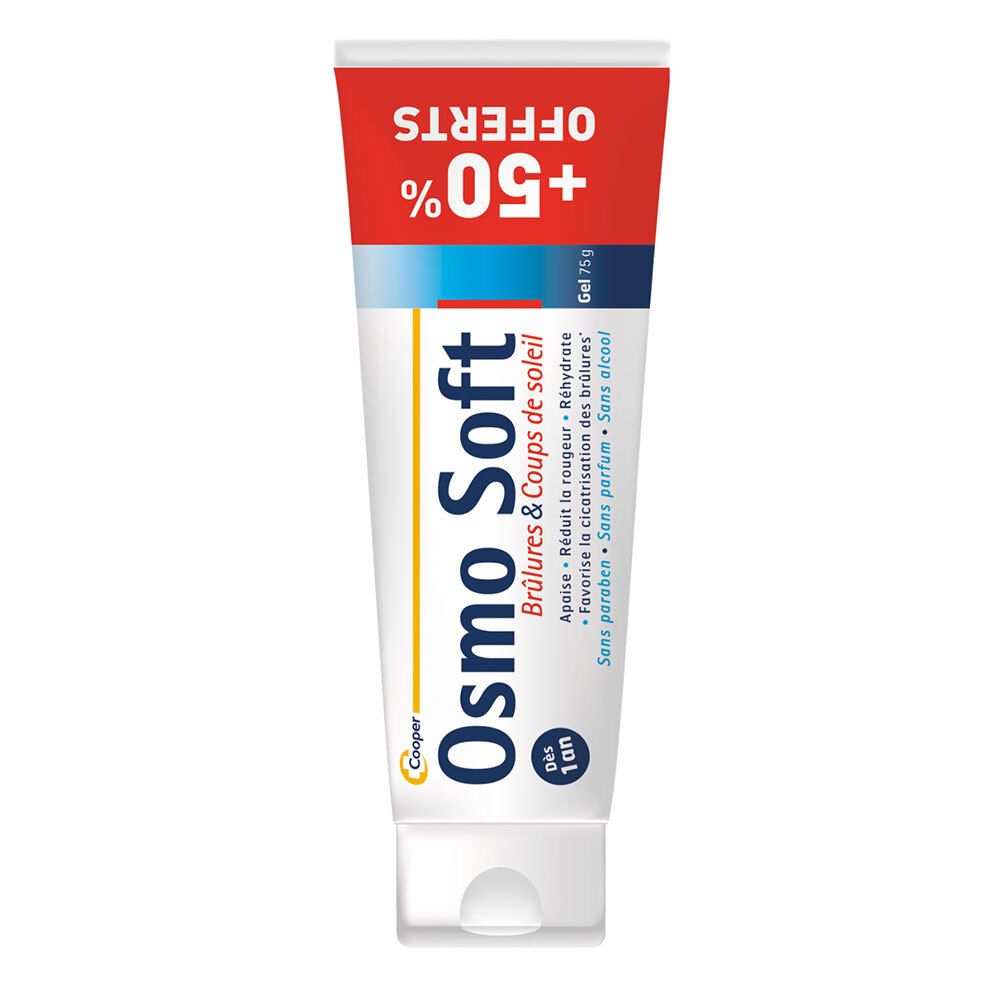 Osmo Soft Gel-Tube. Beschriftung: Brûlures & Coups de soleil. Mit +50% Angebot. Gel 75g.