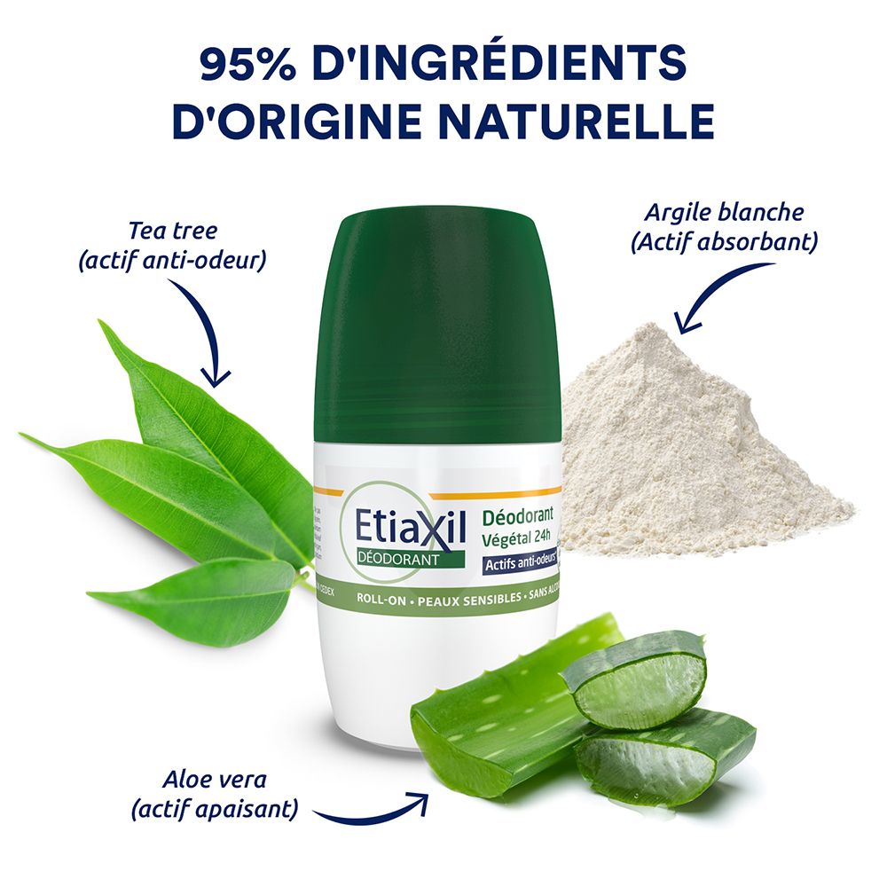 Etiaxil Deodorant-Roll-on. Grün-weiße Flasche. Zutaten: Teebaum, weiße Tonerde, Aloe Vera. Text: „Déodorant Végétal 24h“.