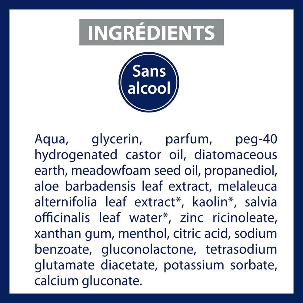 Text mit Inhaltsstoffen. „Sans alcool“ in einem Kreis. Inhaltsstoffe: Aqua, Glycerin, Parfum, etc.