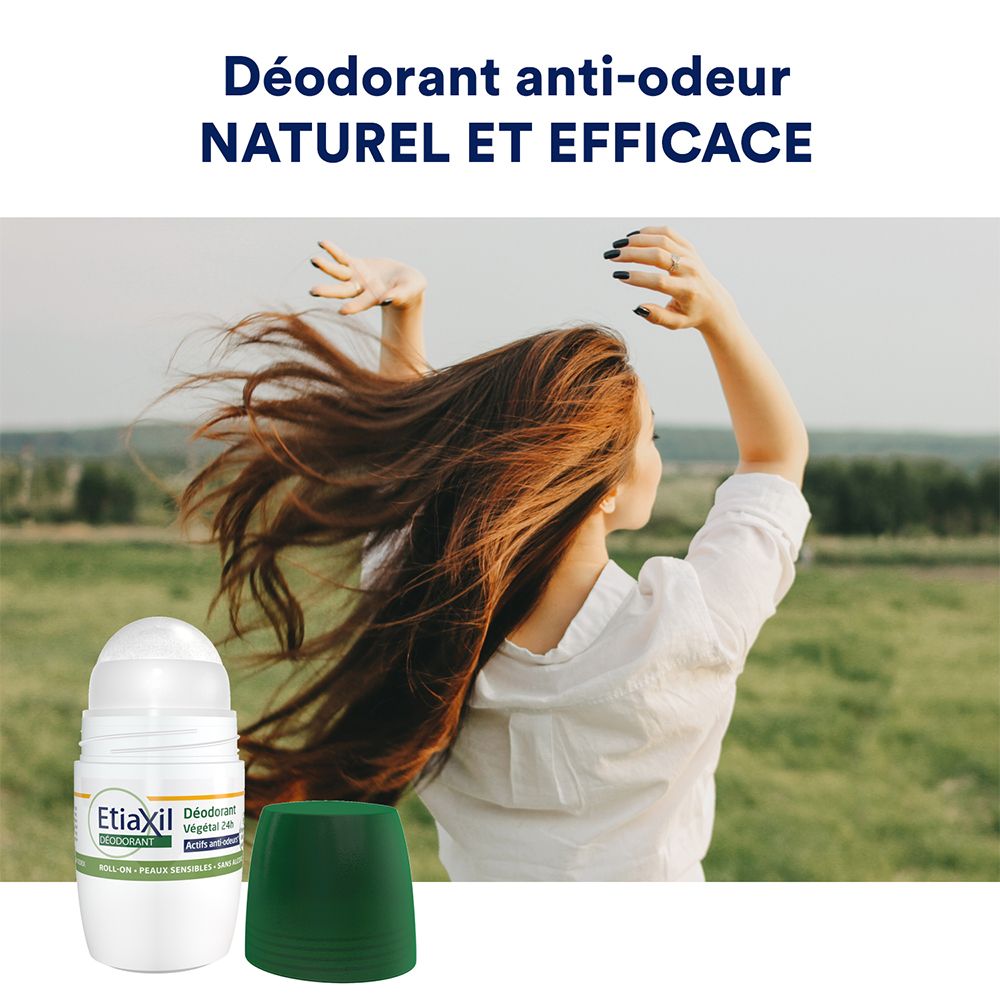 Etiaxil Deodorant-Roll-on und grüner Deckel. Frau mit erhobenen Armen. Text: „Déodorant anti-odeur NATUREL ET EFFICACE“.