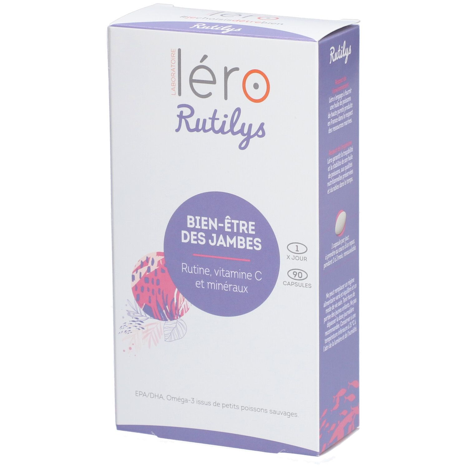 Boîte blanche et violette. Inscription : léro Rutilys, Bien-être des jambes. Contient 90 capsules.
