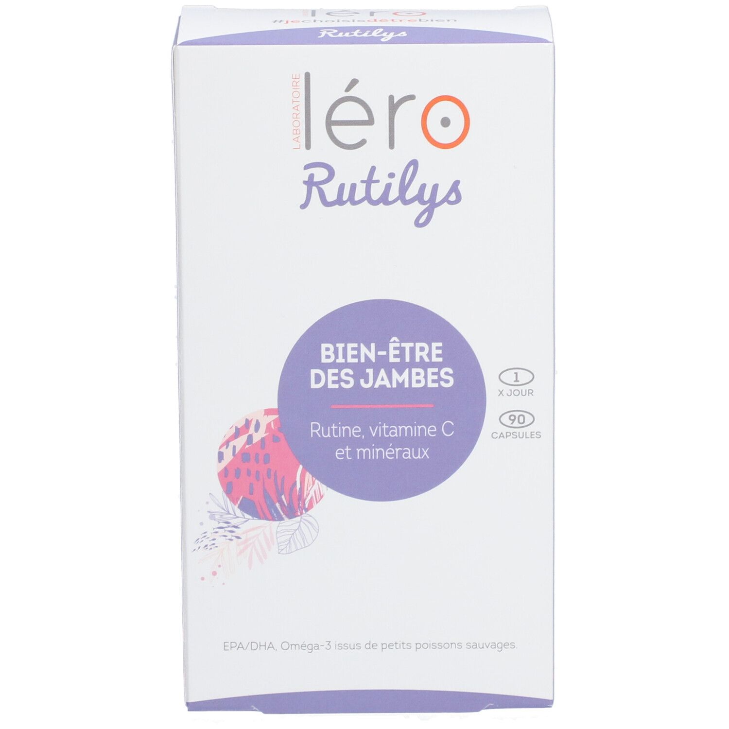 Boîte blanche et violette. Inscription : léro Rutilys, Bien-être des jambes. Contient 90 capsules.