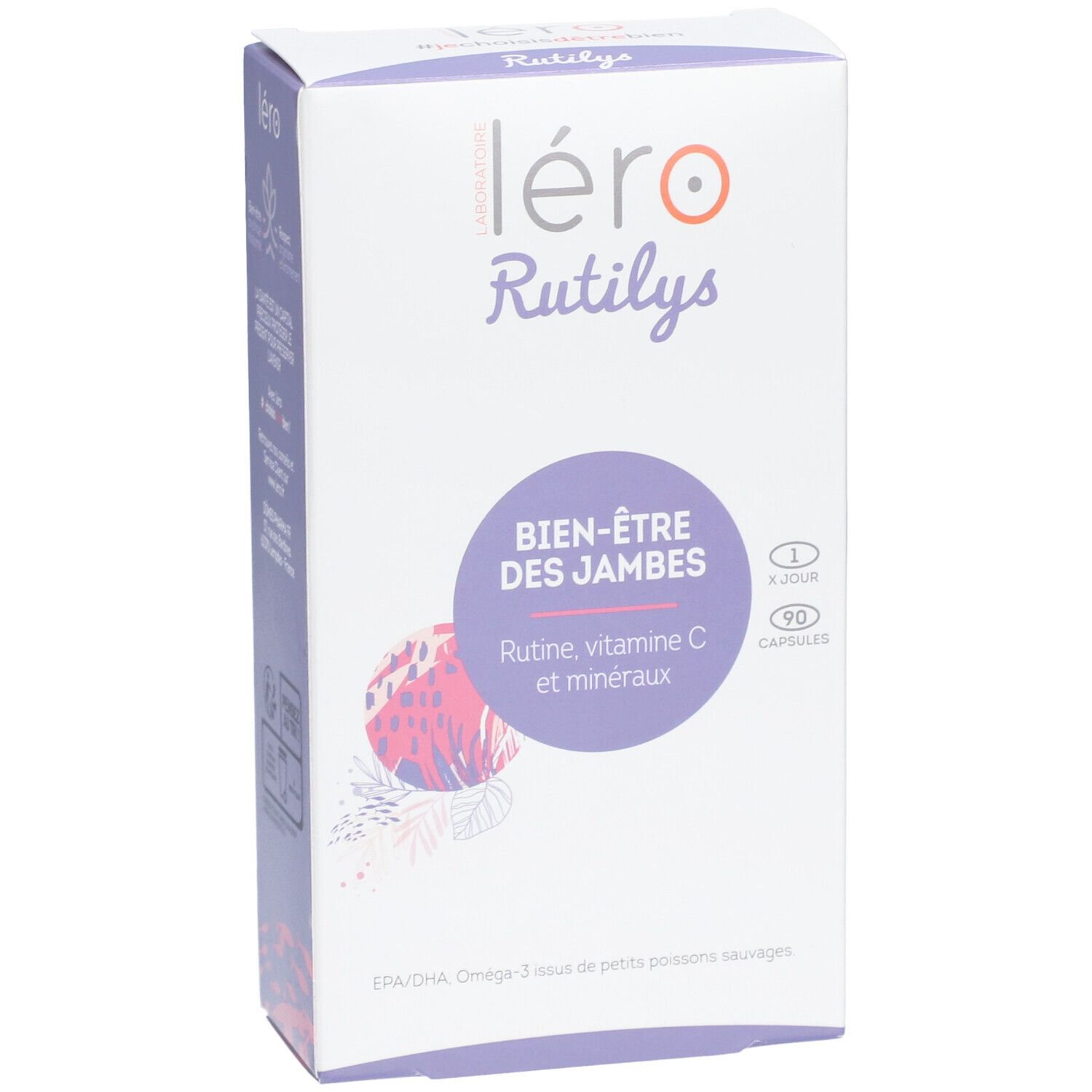 Boîte blanche et violette. Inscription : léro Rutilys, Bien-être des jambes. Contient 90 capsules.