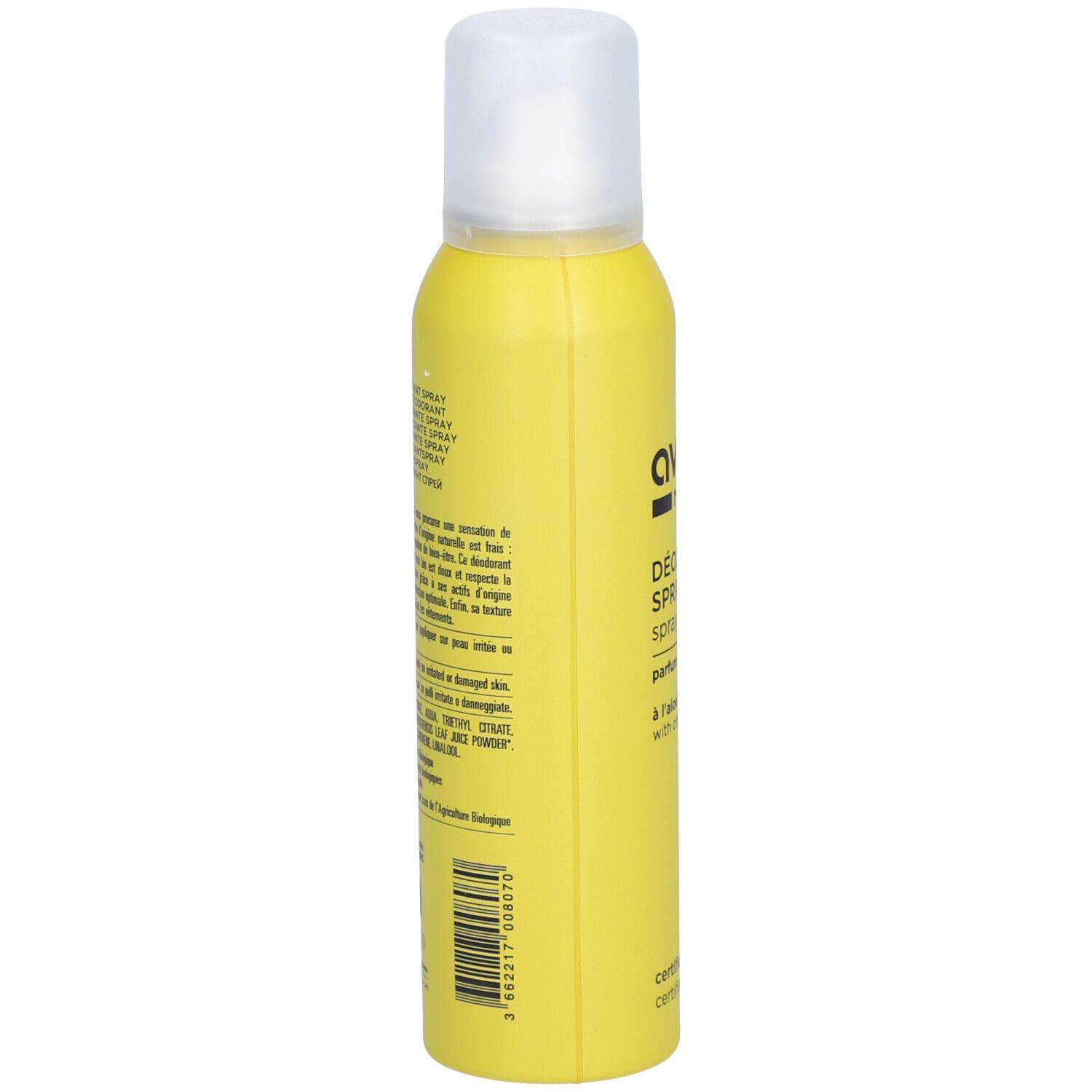 Gelbe Deospray-Dose mit weißem Deckel. Auf der Seite: Text und Barcode. Zertifiziert Bio.