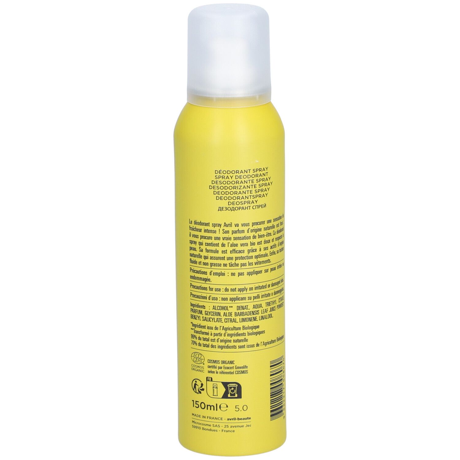 Rückseite der gelben Deospray-Dose mit weißem Deckel. Text, Inhaltsstoffe, Zertifizierungen und Barcode.
