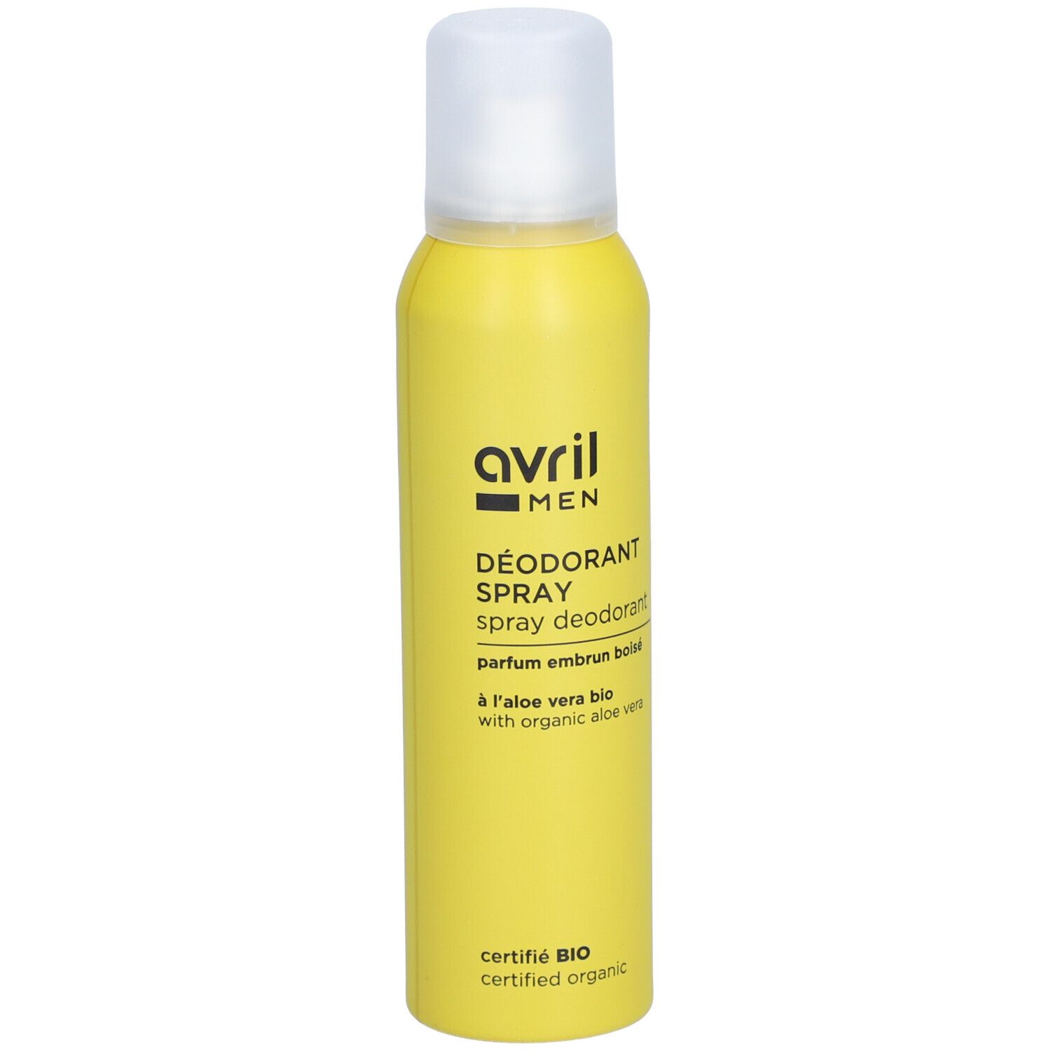Gelbe Deospray-Dose mit weißem Deckel. Aufschrift: Avril Men, Déodorant Spray, parfum embrun boisé, à l'aloe vera bio.