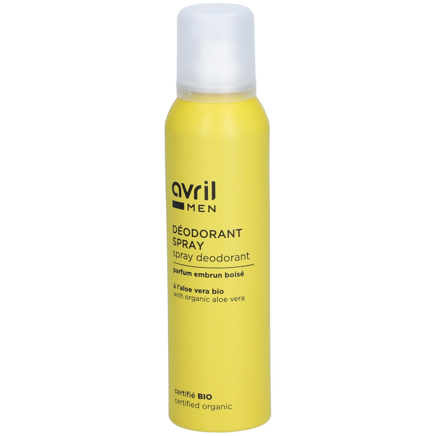 Gelbe Deospray-Dose mit weißem Deckel. Aufschrift: Avril Men, Déodorant Spray, parfum embrun boisé, à l'aloe vera bio.