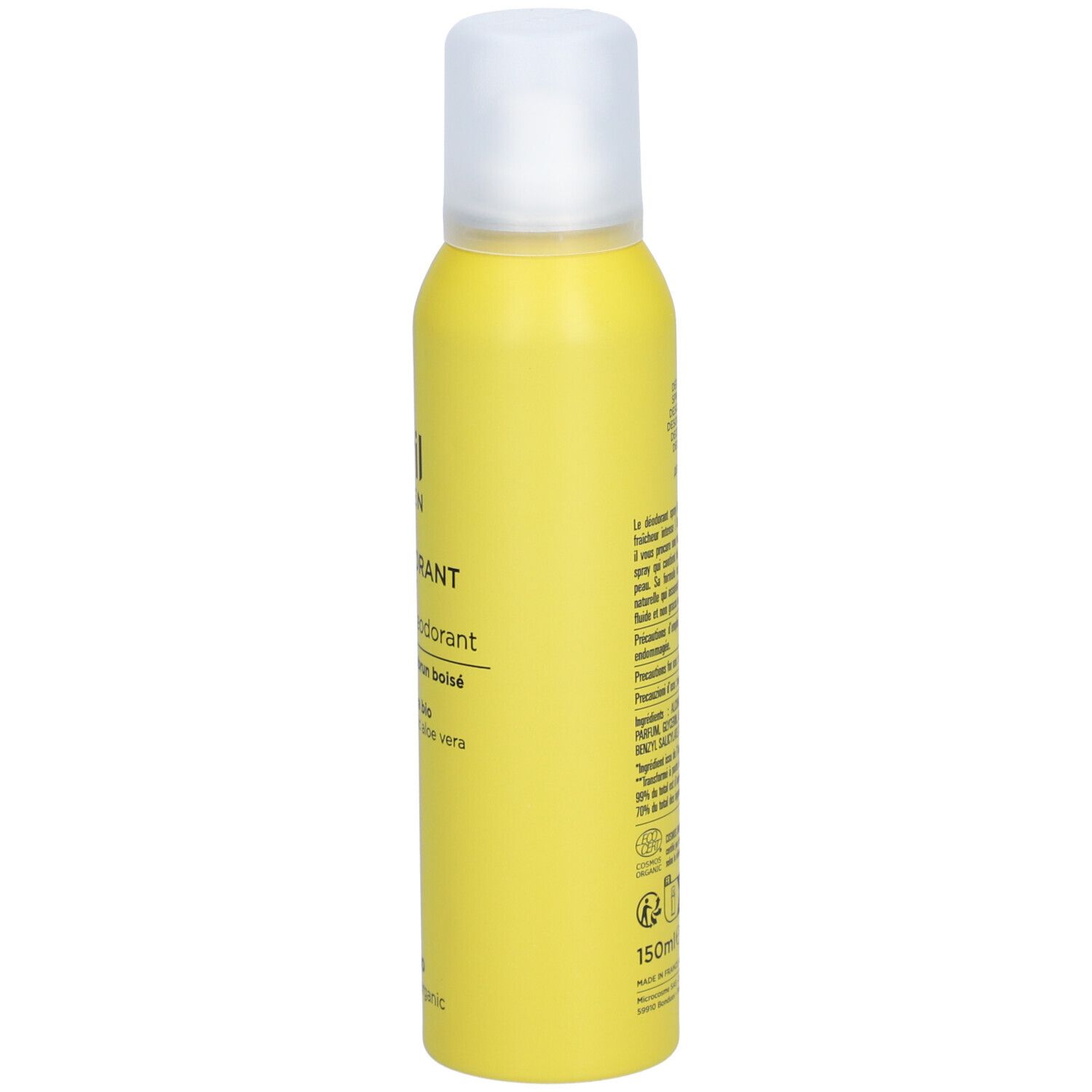 Gelbe Deospray-Dose mit weißem Deckel. Auf der Seite: Text und Barcode. Zertifiziert Bio.