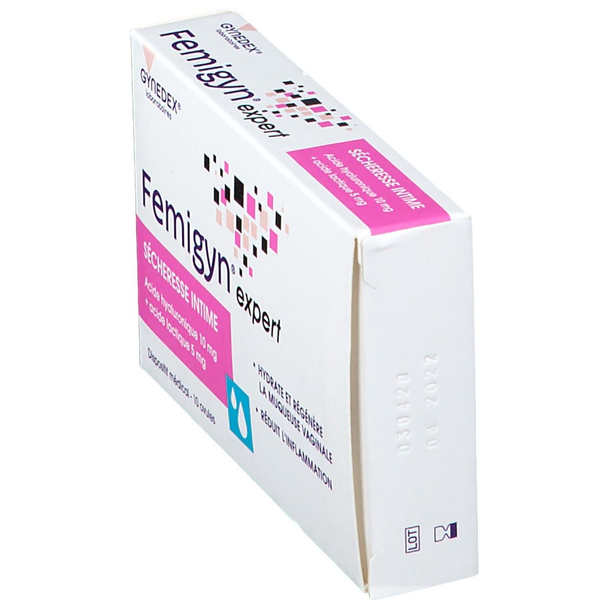 Boîte Femigyn expert. Emballage rose et blanc. Texte : Sécheresse intime, acide hyaluronique 10 mg, acide lactique 5 mg. Dispositif médical.
