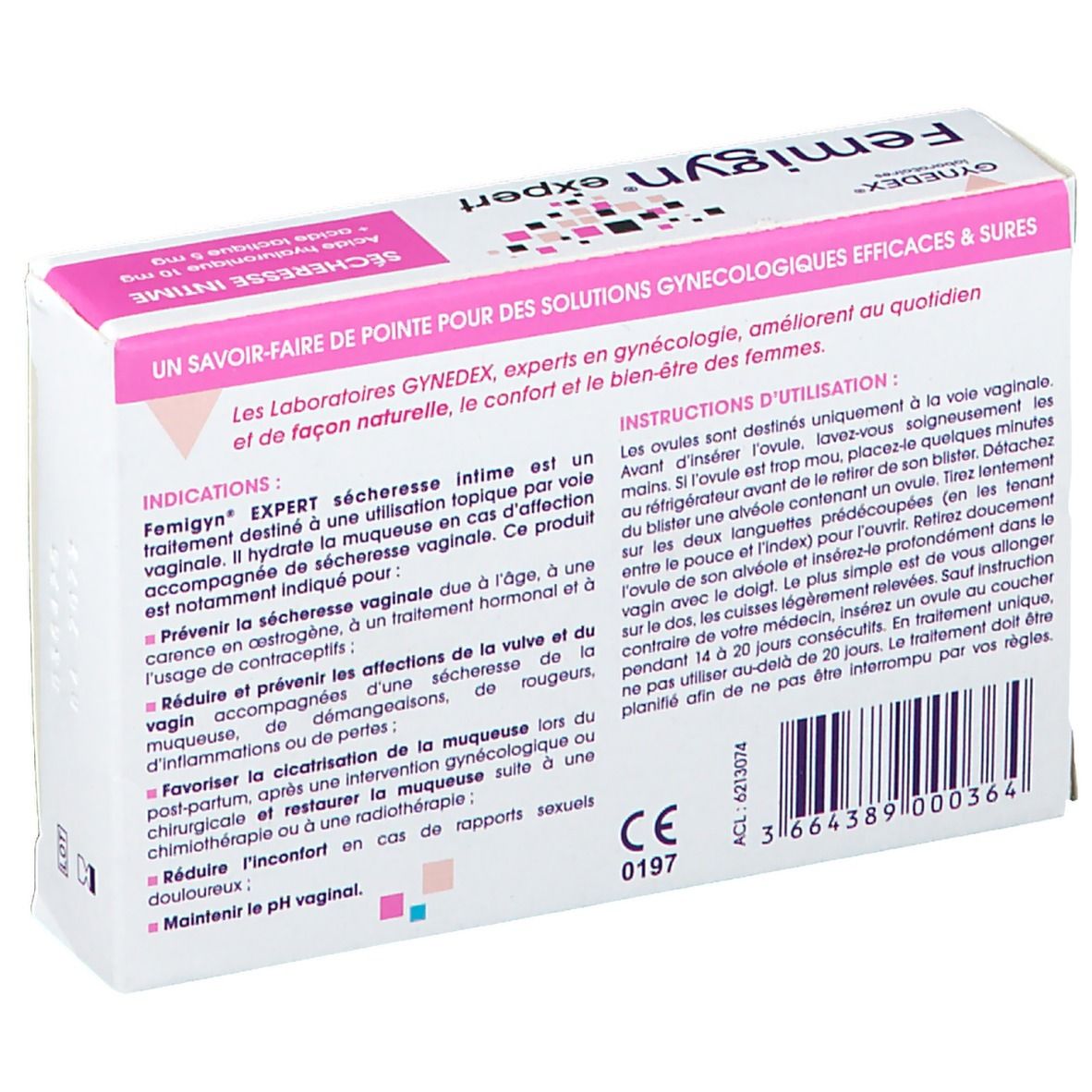 Dos de la boîte Femigyn expert. Texte : Mode d'emploi, ingrédients. Dispositif médical. Marquage CE. Code-barres.