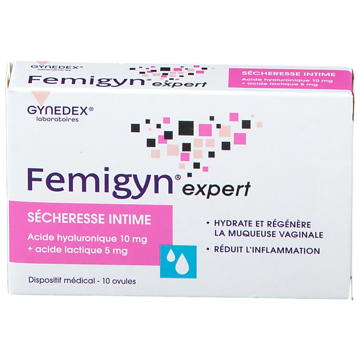 Boîte Femigyn expert. Emballage rose et blanc. Texte : Sécheresse intime, acide hyaluronique 10 mg, acide lactique 5 mg. Dispositif médical.