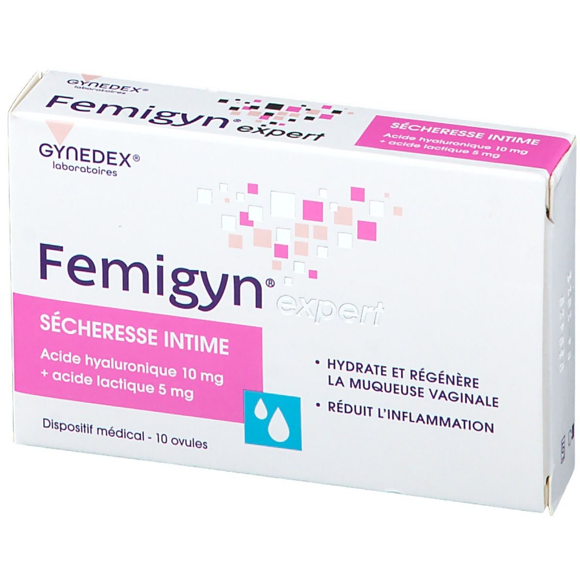 Boîte Femigyn expert. Emballage rose et blanc. Texte : Sécheresse intime, acide hyaluronique 10 mg, acide lactique 5 mg. Dispositif médical.