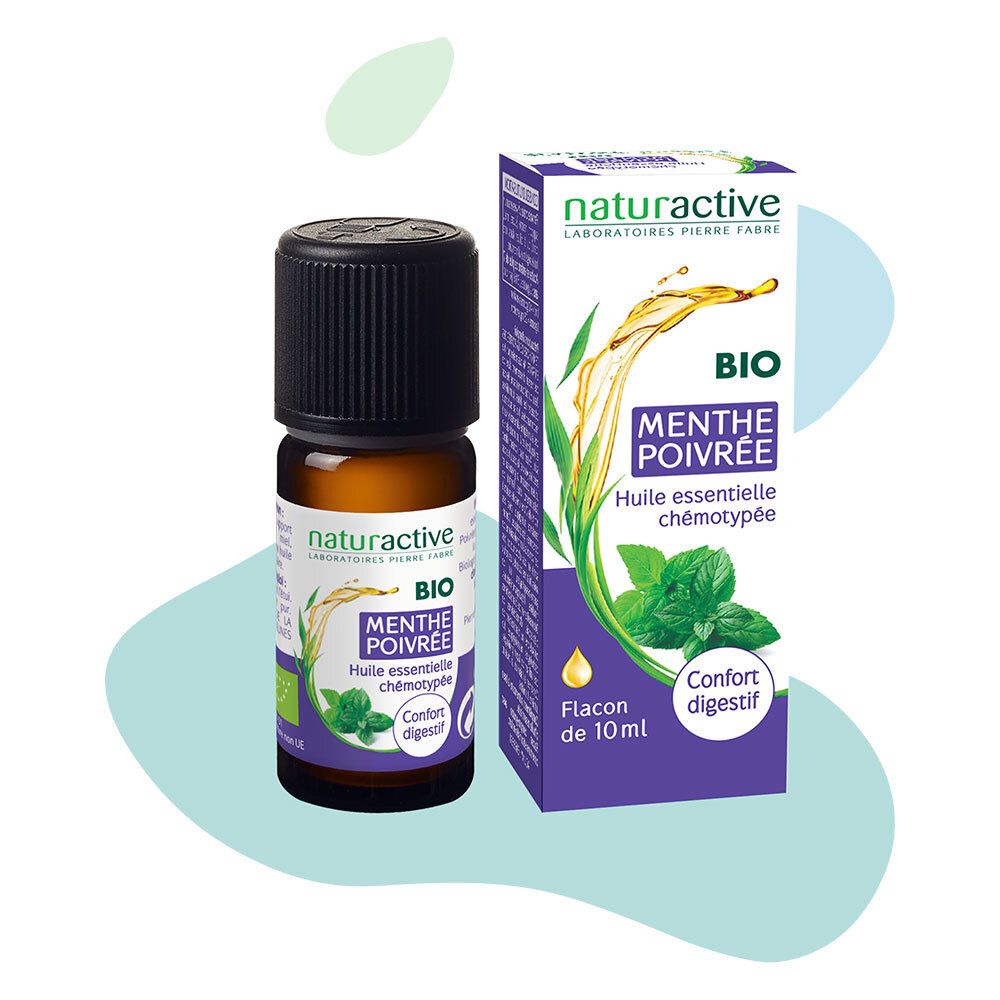 Braune Glasflasche mit schwarzem Deckel und Karton. Aufschrift: BIO Menthe Poivrée, huile essentielle chémotypée. Flacon de 10ml.