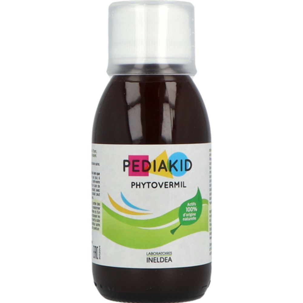 Liquide brun dans une bouteille avec bouchon blanc. Inscription : PEDIAKID Phytovermil.