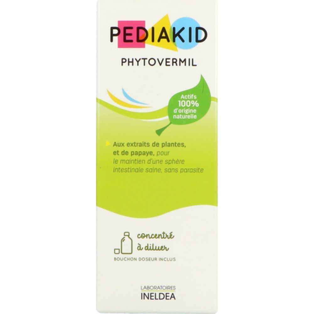 Boîte blanche avec inscription PEDIAKID Phytovermil. Design vert et jaune avec symbole de feuille.