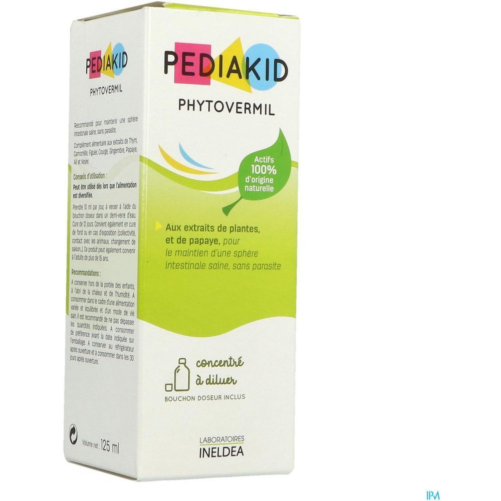 Boîte et flacon de liquide brun. Inscription : PEDIAKID Phytovermil. Design vert et jaune.