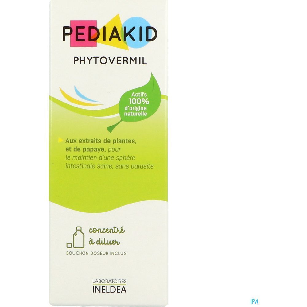 Boîte blanche avec inscription PEDIAKID Phytovermil. Design vert et jaune avec symbole de feuille.