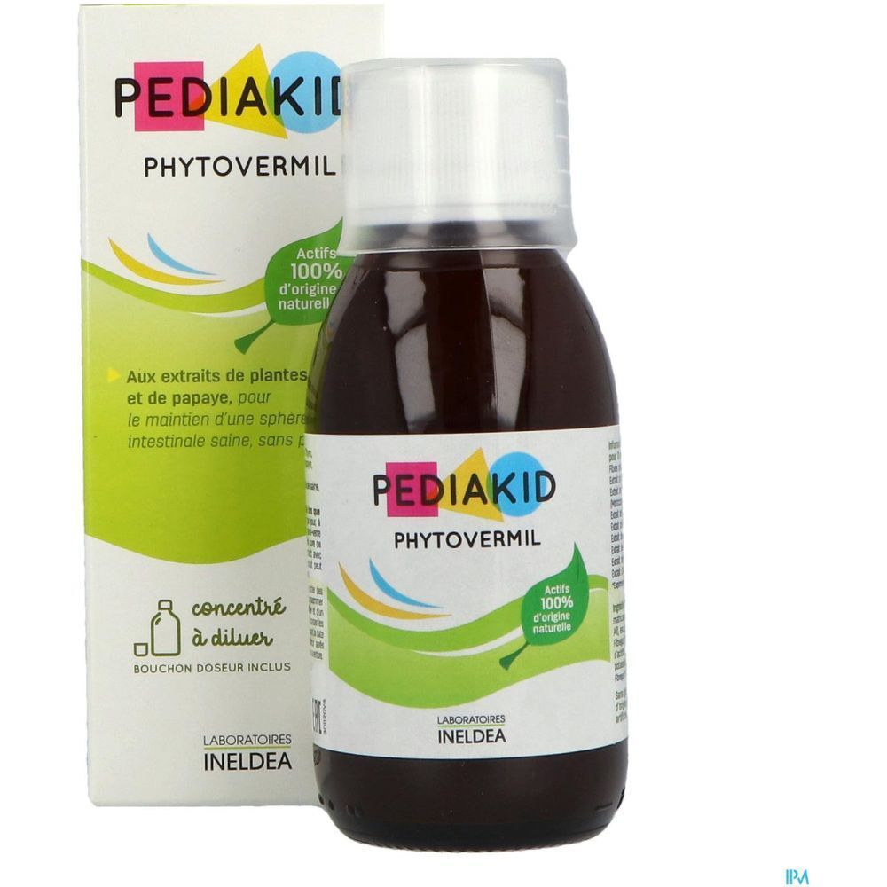 Flacon et boîte de liquide brun. Inscription : PEDIAKID Phytovermil. Design vert et jaune.