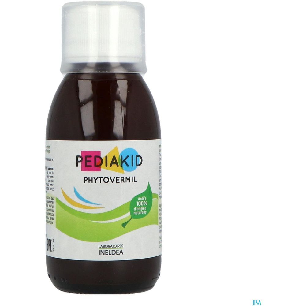 Flacon de liquide brun avec bouchon blanc. Inscription : PEDIAKID Phytovermil. Design vert et jaune.