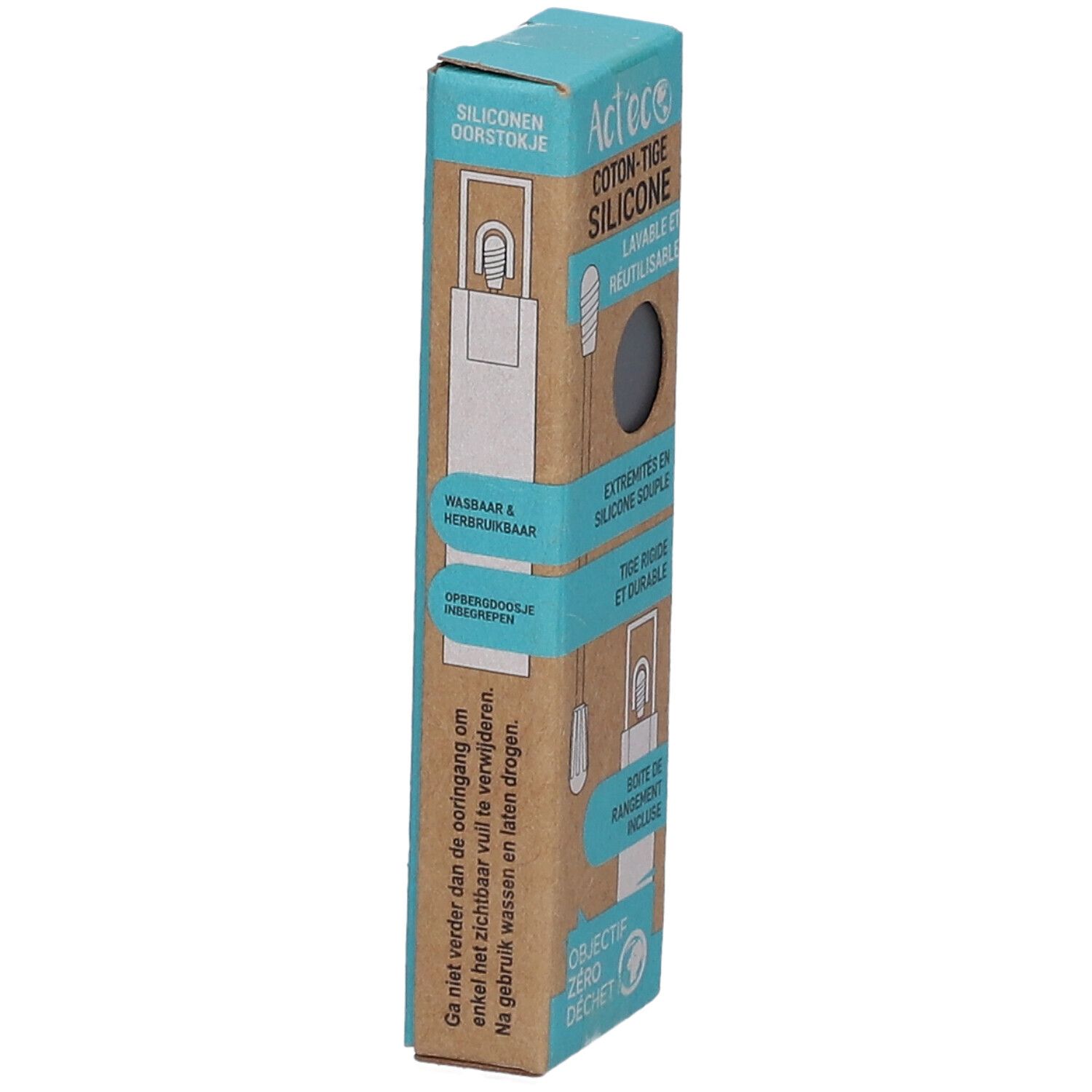 Verpackung Act'eco Silikon-Wattestäbchen. Aufschrift: Coton-Tige Silicone, waschbar und wiederverwendbar. Text in Niederländisch.