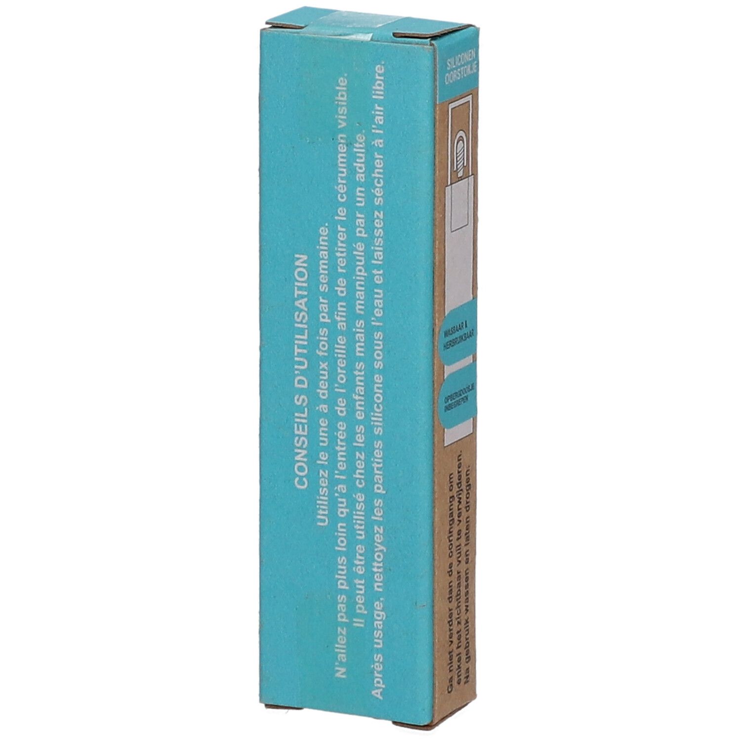 Verpackung Act'eco Silikon-Wattestäbchen. Aufschrift: Coton-Tige Silicone. Gebrauchsanweisung in Französisch. Text in Französisch.