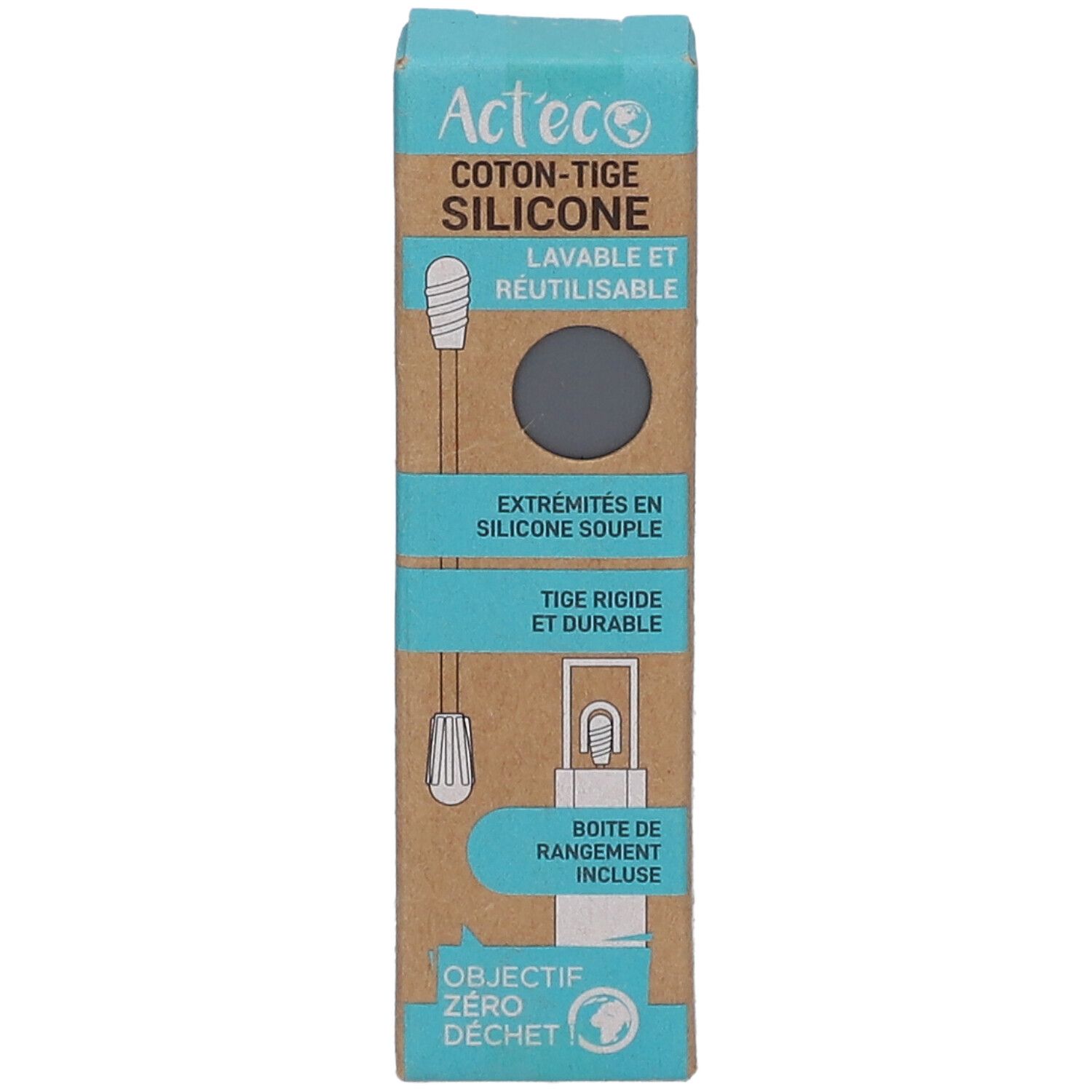 Verpackung Act'eco Silikon-Wattestäbchen. Aufschrift: Coton-Tige Silicone, waschbar und wiederverwendbar. Graue Spitze. Boîte de rangement incluse.