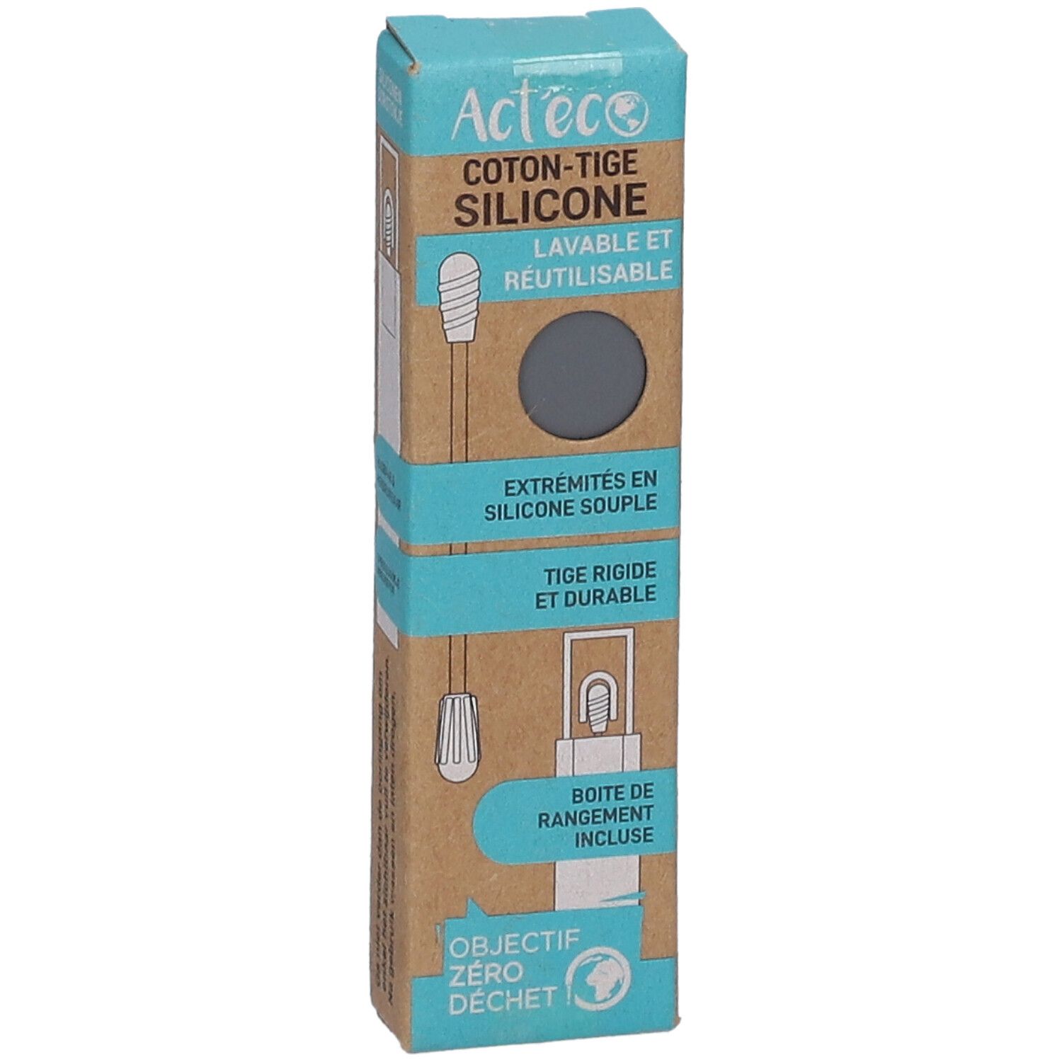 Verpackung Act'eco Silikon-Wattestäbchen. Aufschrift: Coton-Tige Silicone, waschbar und wiederverwendbar. Graue Spitze. Boîte de rangement incluse.