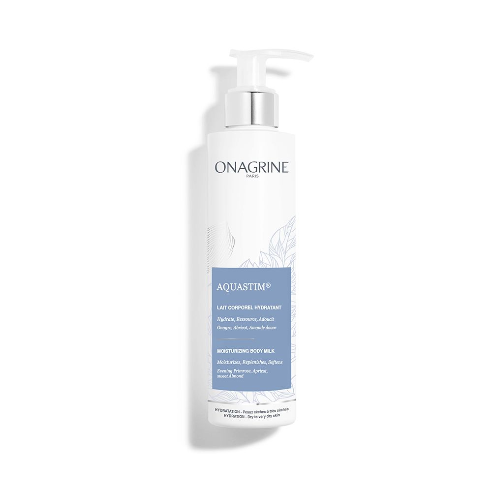Flacon blanc avec pompe. Inscription: ONAGRINE, AQUASTIM, Lait Corporel Hydratant, Moisturizing Body Milk.