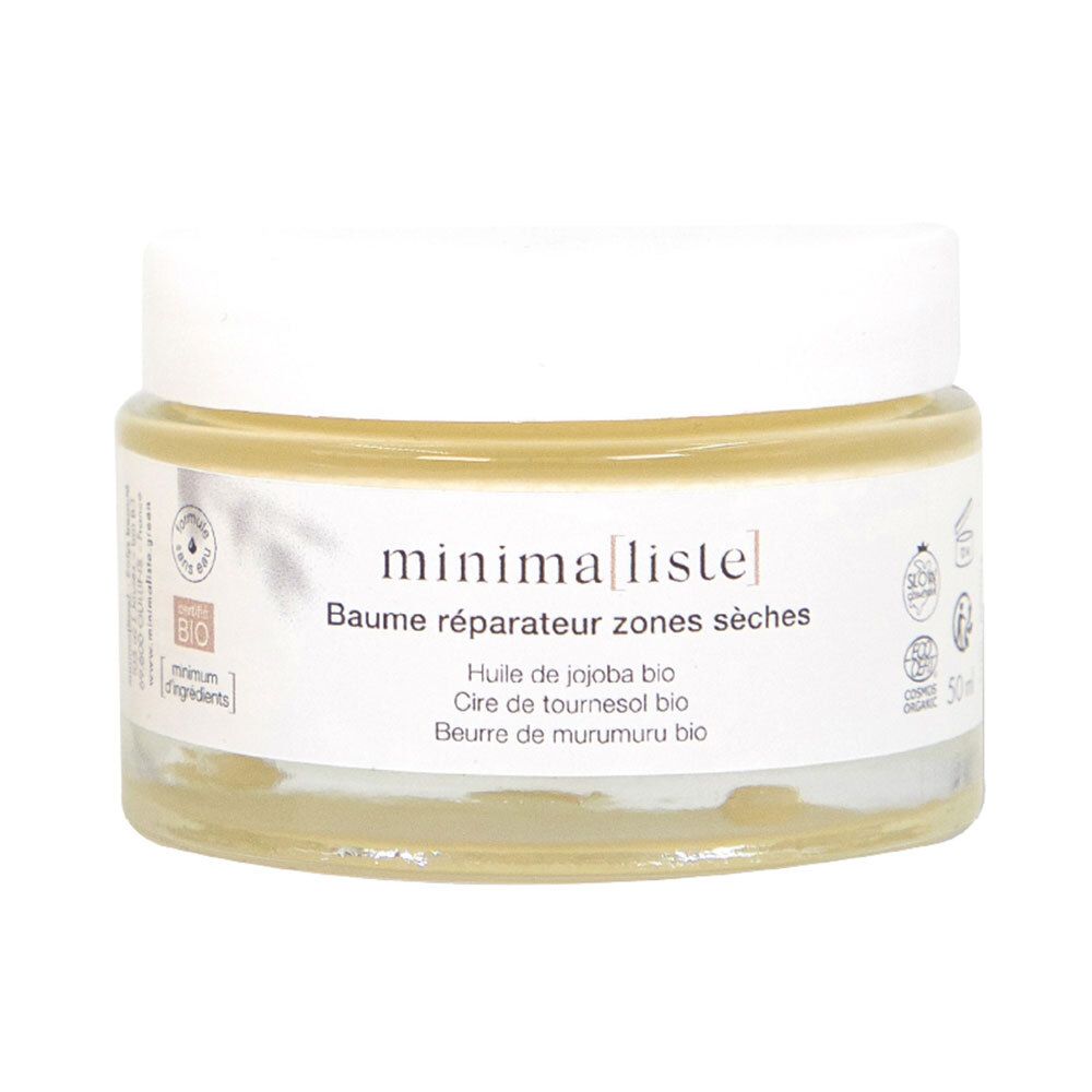 Pot en verre avec couvercle blanc. Inscription : minimaliste, Baume réparateur zones sèches. Contient huile de jojoba, cire de tournesol, beurre de murumuru.