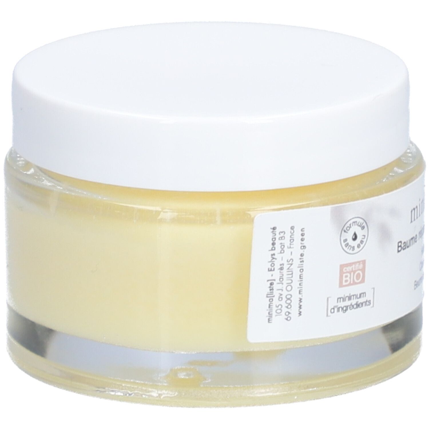 Pot en verre avec couvercle blanc. Inscription : minimaliste, Baume réparateur zones sèches. Contient huile de jojoba, cire de tournesol, beurre de murumuru.