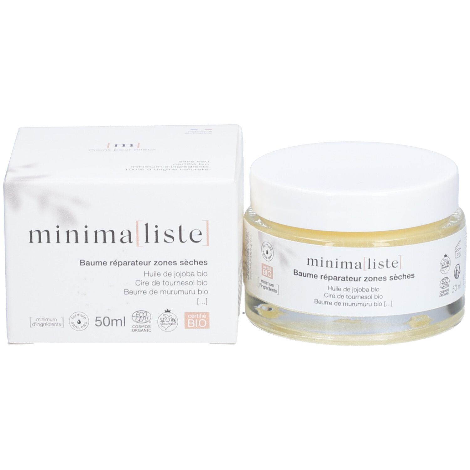 Produit avec emballage. Pot en verre avec couvercle blanc. Inscription : minimaliste, Baume réparateur zones sèches. 50ml.