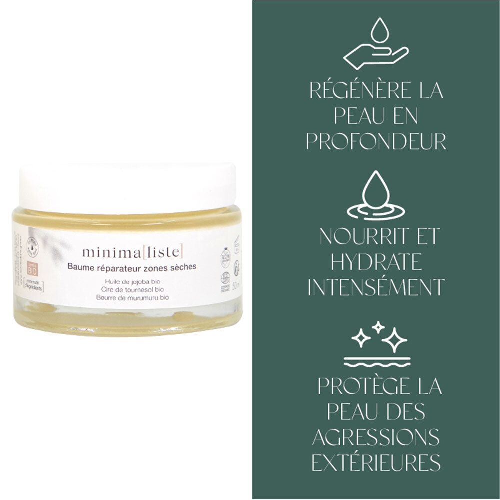 Produit à côté d'une infographie. L'infographie montre : régénère la peau, nourrit et hydrate, protège des agressions extérieures.