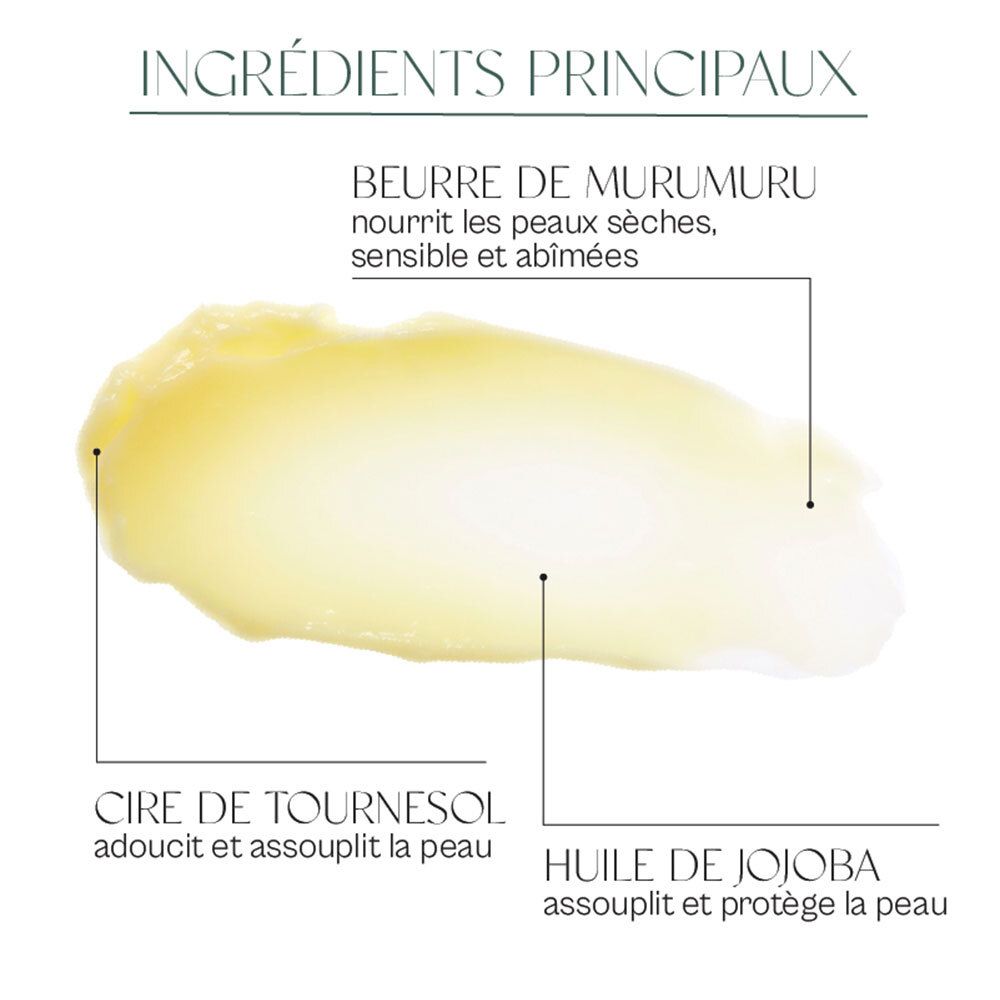 Gros plan sur le baume. Ingrédients principaux : beurre de murumuru, cire de tournesol, huile de jojoba. Légendes explicatives.