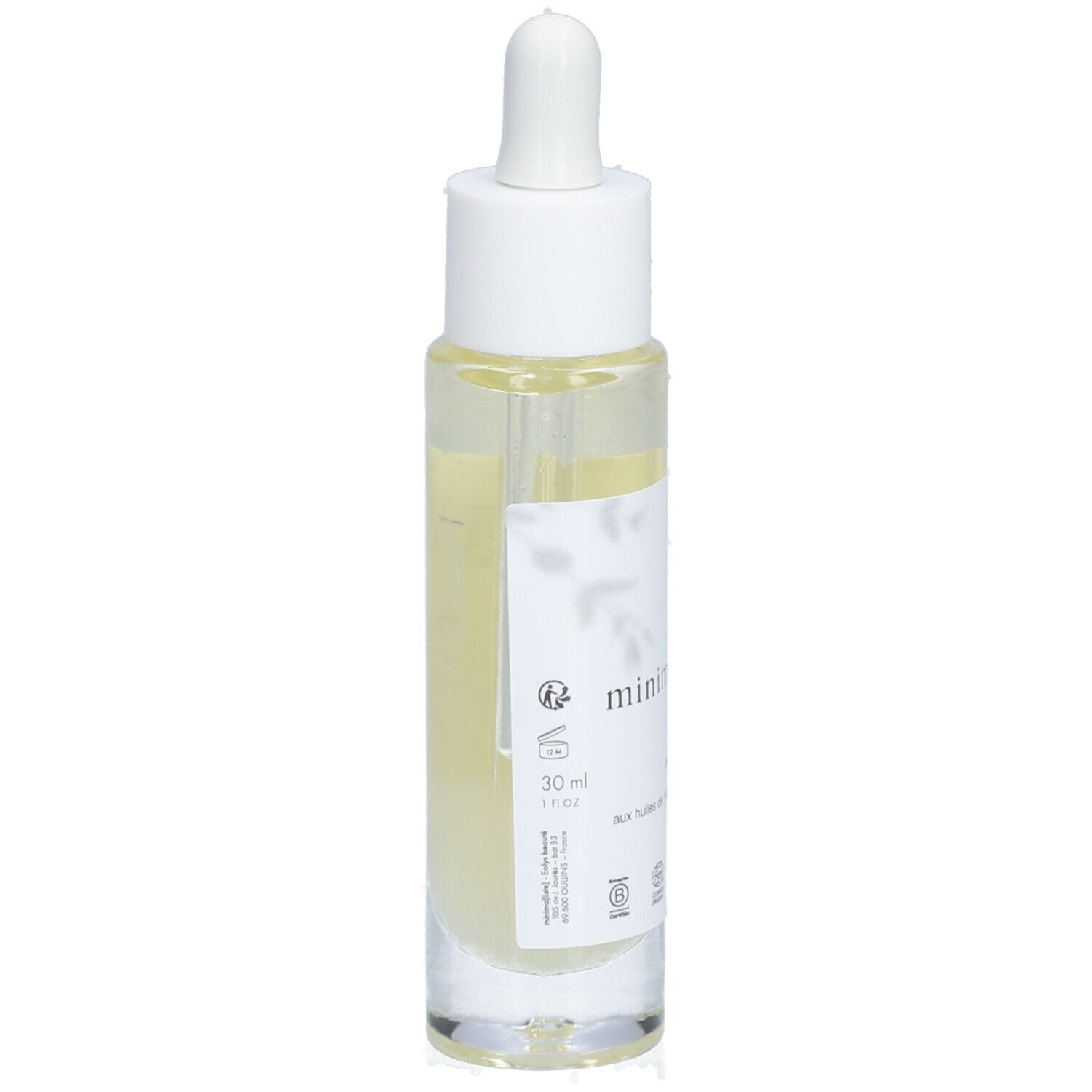Sérum clair en flacon de verre avec pipette. Inscription : minimaliste. Volume : 30 ml.