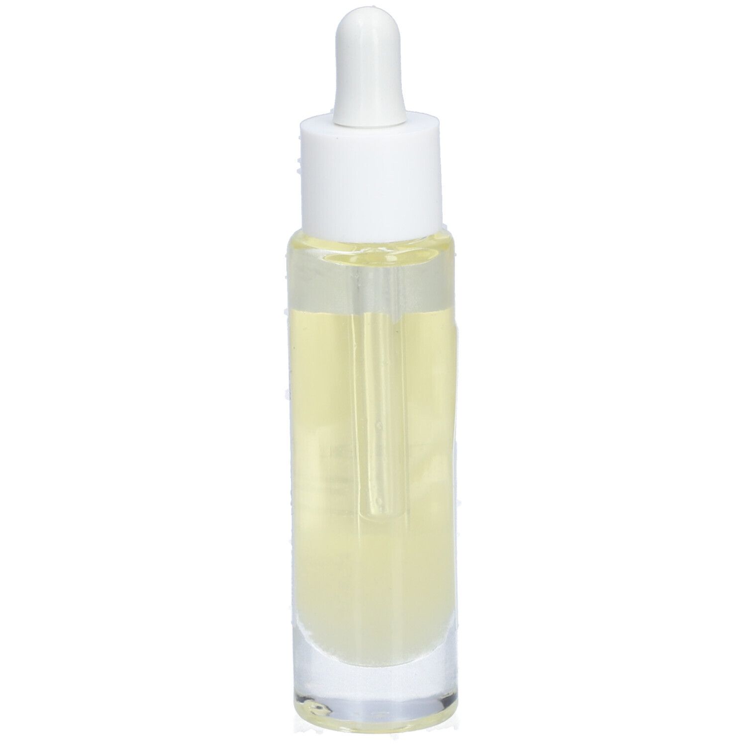 Sérum clair en flacon de verre avec pipette. Inscription : minimaliste. Pour peaux sensibles.