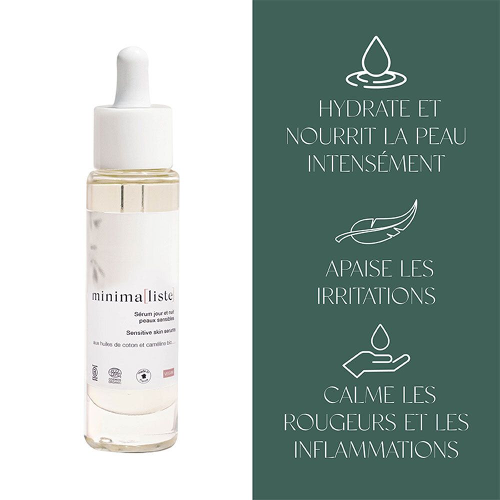 Graphique avec texte : hydrate, apaise, calme les rougeurs. Produit : minimaliste. Pour peaux sensibles.