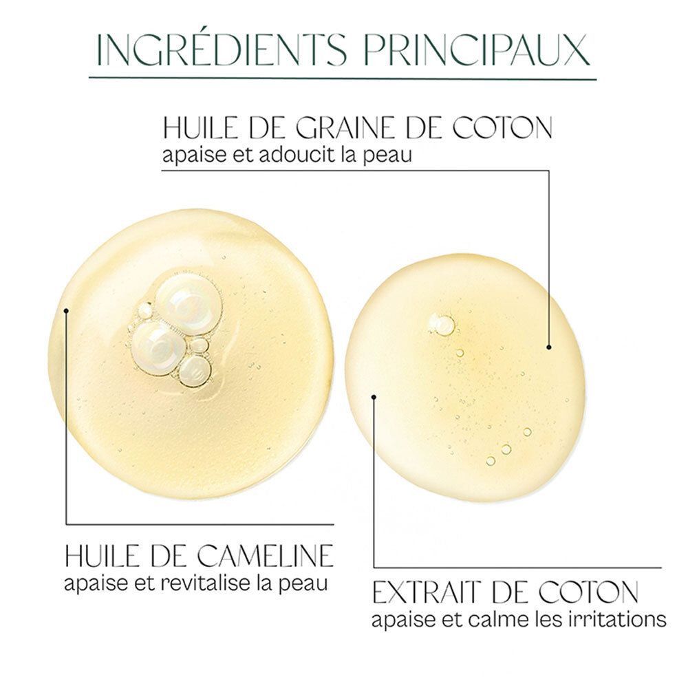 Gros plan sur des gouttes d'huile. Texte : huile de coton, huile de caméline, extrait de coton. Peaux sensibles.