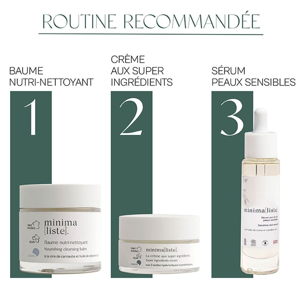 Trois produits : baume nettoyant, crème, sérum. Produit : minimaliste. Pour peaux sensibles.