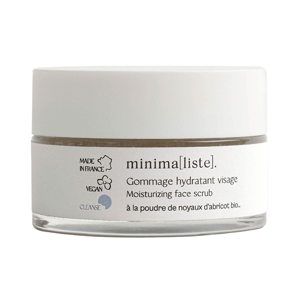 Pot en verre avec couvercle blanc. Inscription : minima[liste]. Gommage hydratant visage. Label Vegan. Fabriqué en France.