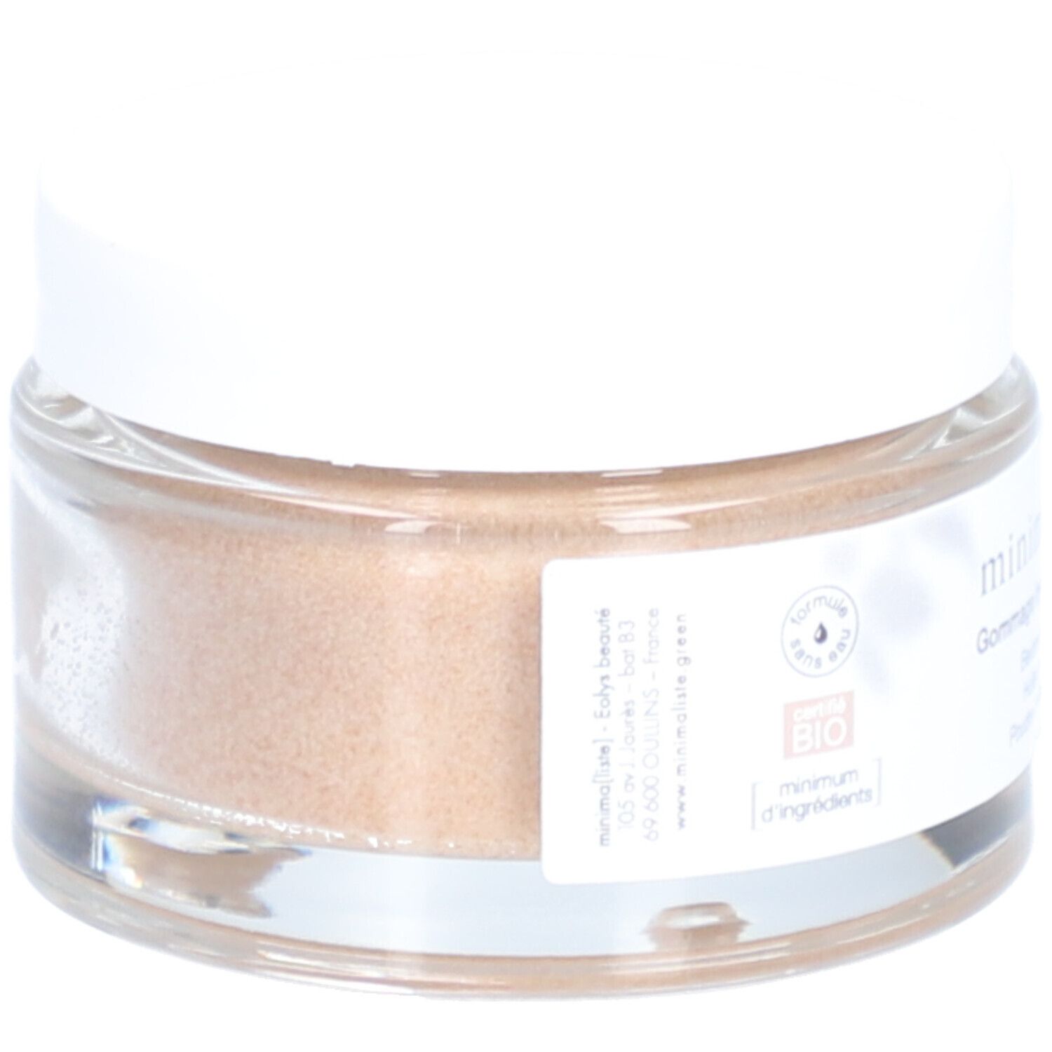 Pot en verre avec couvercle blanc. minima[liste]. Gommage hydratant visage. 50 ml. Label bio. Ingrédients : beurre de karité, huile de coco.