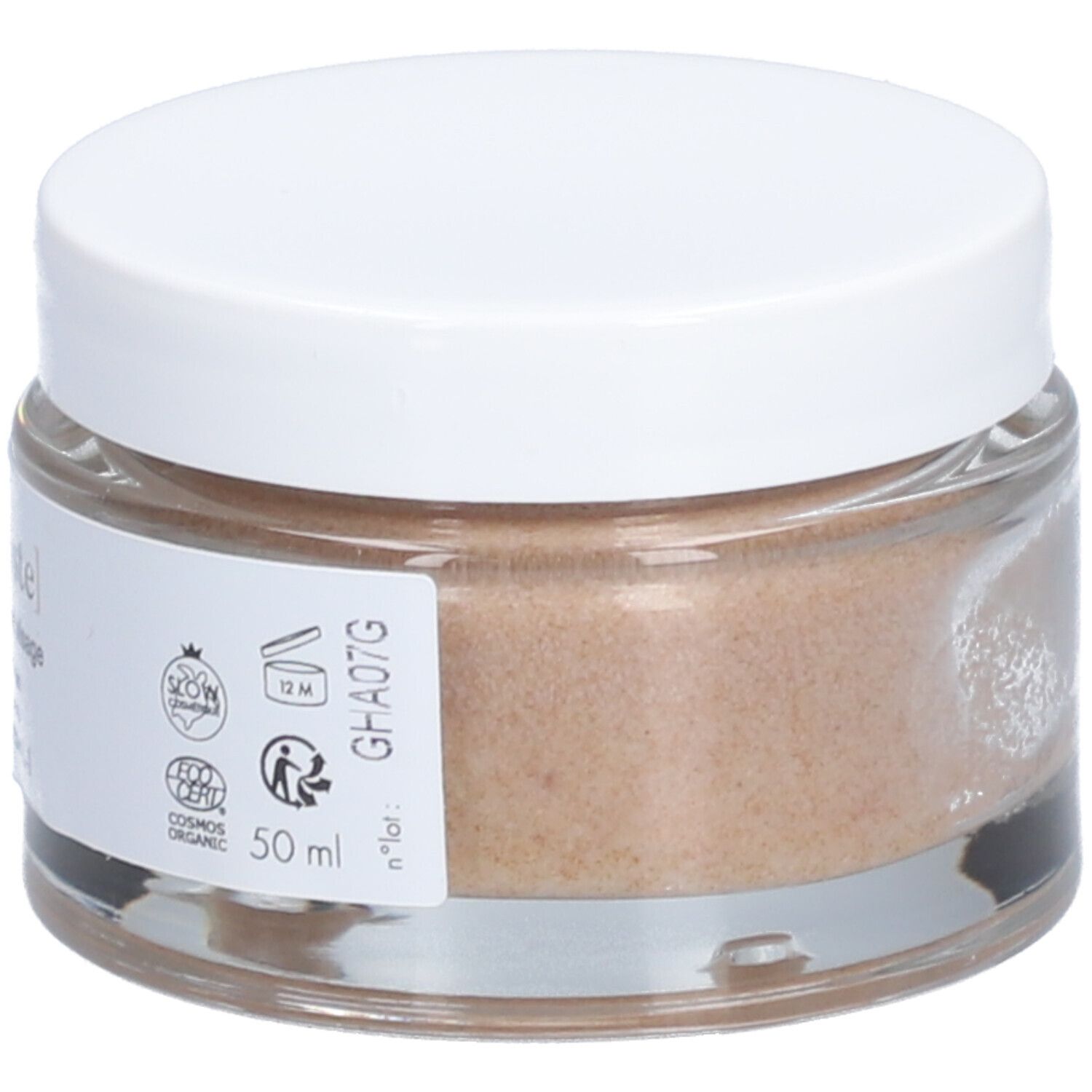 Pot en verre avec couvercle blanc. minima[liste]. Gommage hydratant visage. 50 ml. Label bio. Ingrédients : beurre de karité, huile de coco.